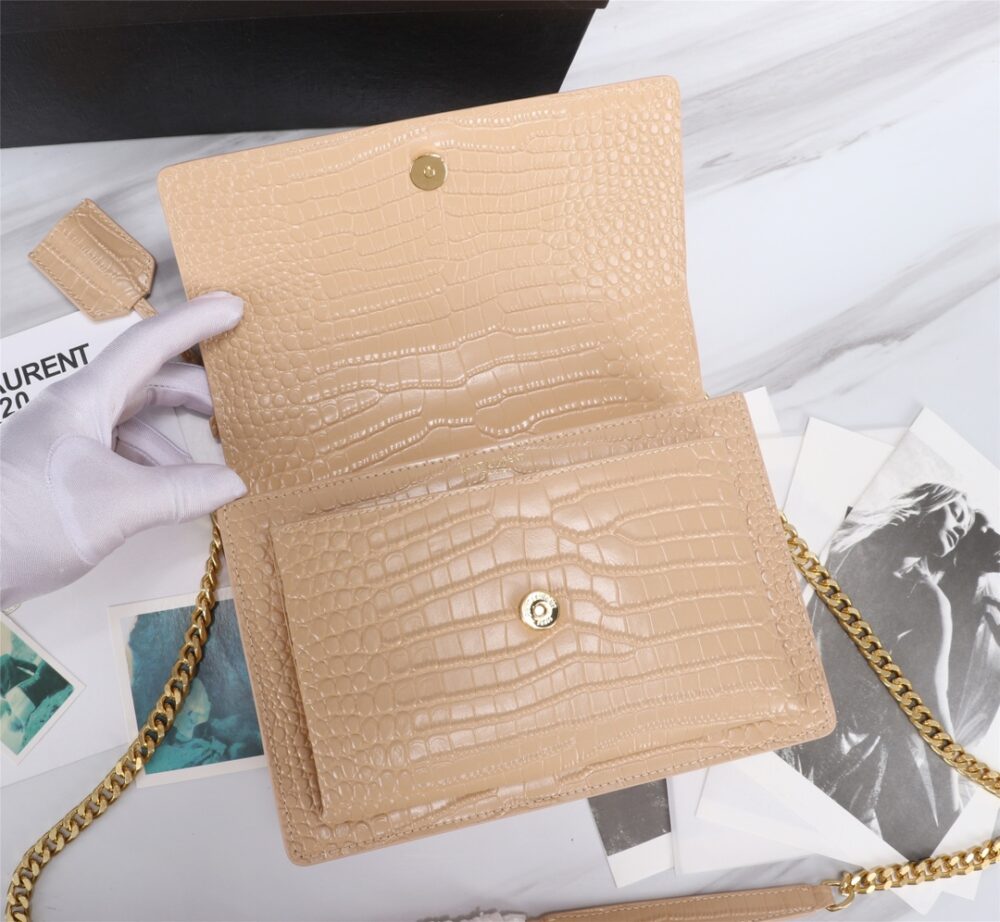 SAINT LAURENT SUNSET MEDIUM CHAIN BAG IN CROCODILE EMBOSSED SHINY APRICOT 22CM 442906DND0N9207 - Image 5