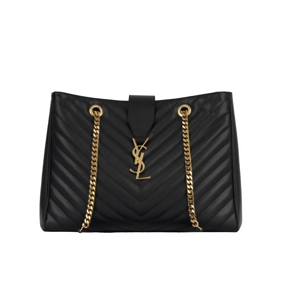 Saint Laurent Shopping Bag Grain De Poudre Matelasse Chevron Gold Hardware Black 35cm