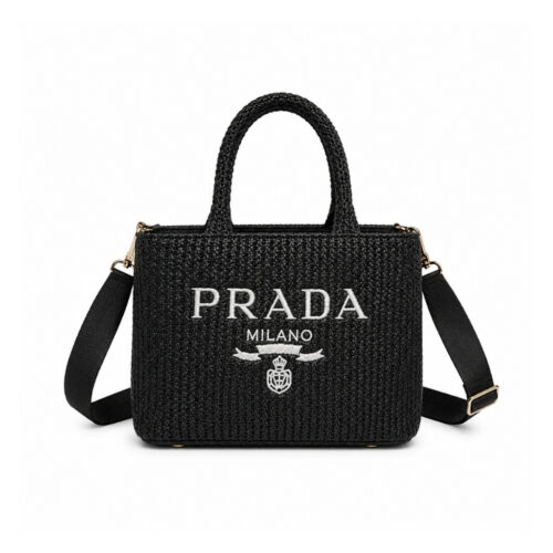 Prada Small Crochet Tote Bag Raffia In Black 26cm 1BG422 2A2T F0002 V OOL