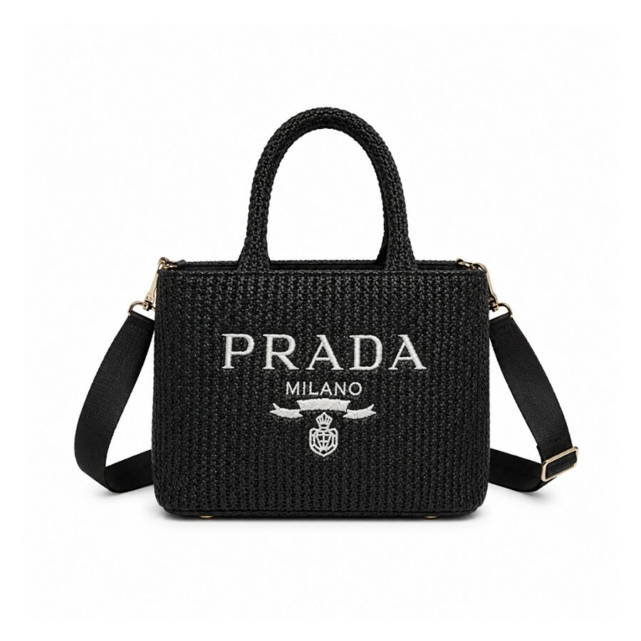 Prada Small Crochet Tote Bag Raffia In Black 26cm 1BG422 2A2T F0002 V OOL