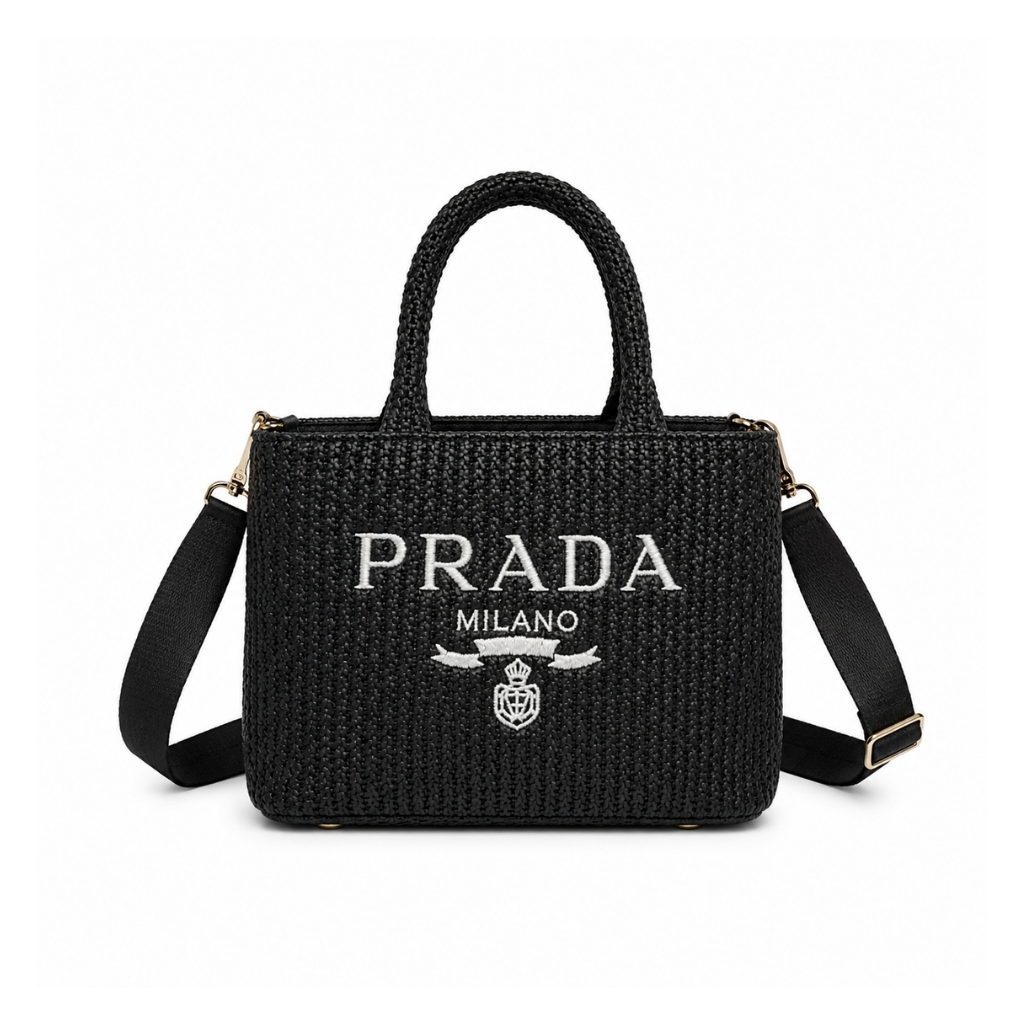 Prada Small Crochet Tote Bag Raffia In Black 26cm 1BG422 2A2T F0002 V OOL