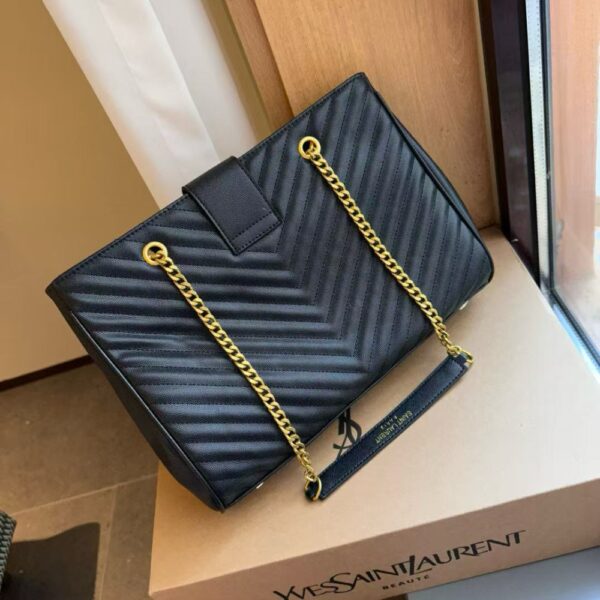 SAINT LAURENT BLACK GRAIN DE POUDRE MATELASSE CHEVRON MONOGRAM SHOPPING BAG GOLD HARDWARE - Image 3