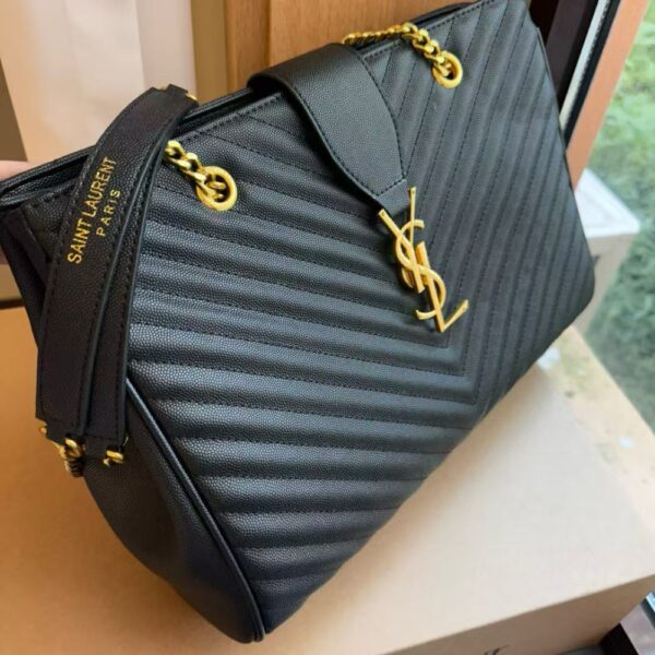 SAINT LAURENT BLACK GRAIN DE POUDRE MATELASSE CHEVRON MONOGRAM SHOPPING BAG GOLD HARDWARE - Image 4