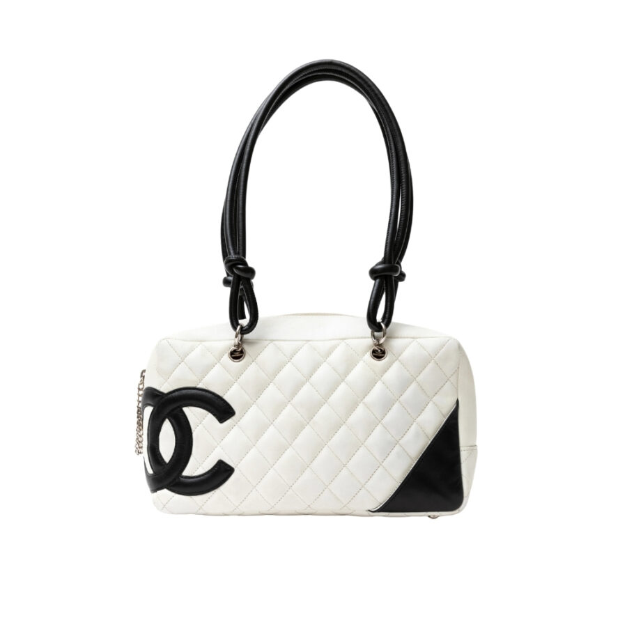 Chanel Cambon Bowler Bag Quilted Leather White And Black 26Cm