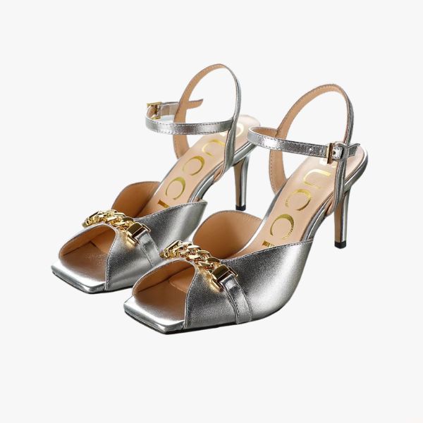 GUCCI METAL CHAIN STILETTO HEELS FLIP FLOP FISH MOUTH SANDALS SLIVER