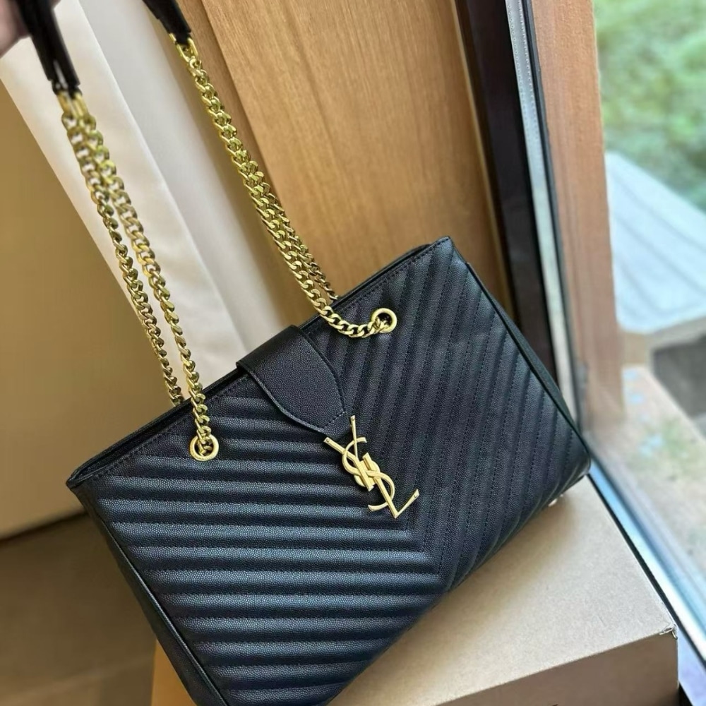 SAINT LAURENT BLACK GRAIN DE POUDRE MATELASSE CHEVRON MONOGRAM SHOPPING BAG GOLD HARDWARE - Image 2