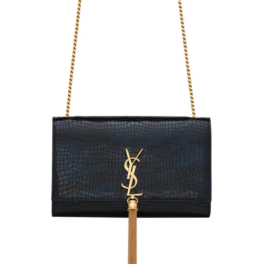 SAINT LAURENT KATE MEDIUM WITH TASSEL IN SHINY CROCODILE EMBOSSED LEATHER BLACK 22CM 354119AAAY14083