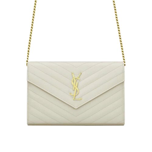 Saint Laurent Classic Cassandre Chain Wallet In Grain De Poudre Leather White 24Cm 377828BOW019207