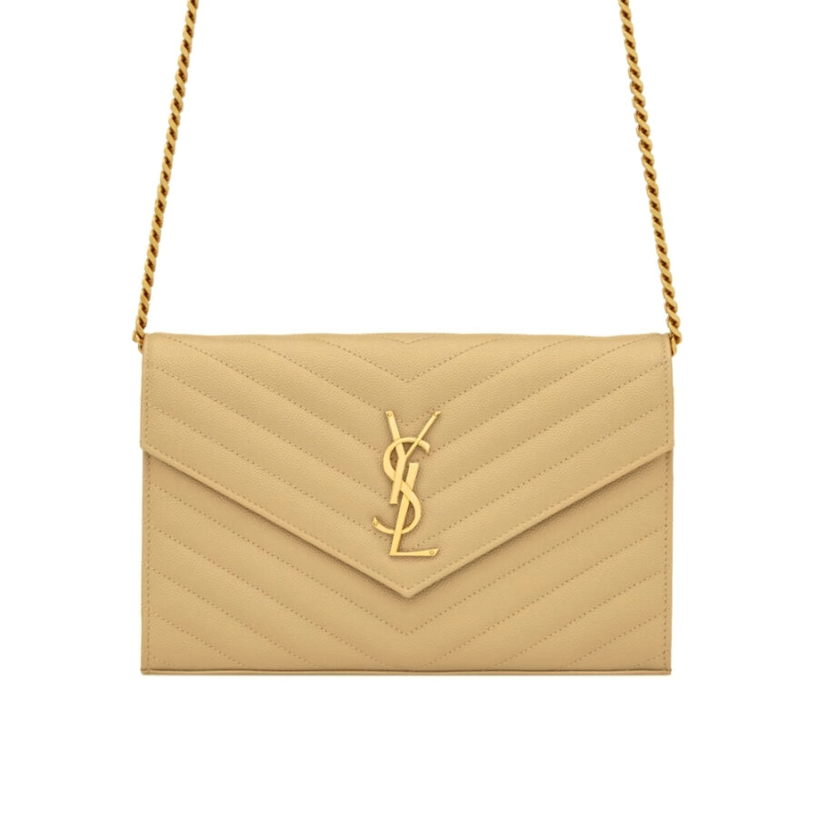 SAINT LAURENT CLASSIC CASSANDRE CHAIN WALLET IN GRAIN DE POUDRE LEATHER BEIGE 22CM 377828BOW012721