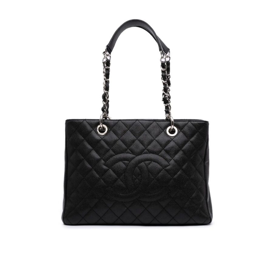 Chanel Grand Shopping Tote Bag Black Caviar Silver Tone Chain 34Cm