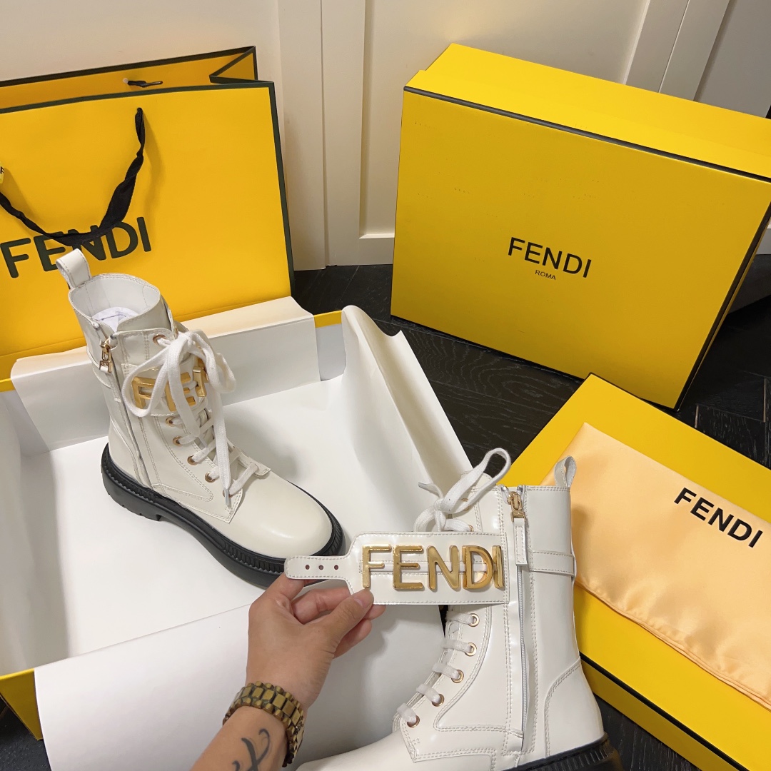 FENDI WOMEN'S BLACK LEATHER ANKLE BOOTS WHITE - Image 5