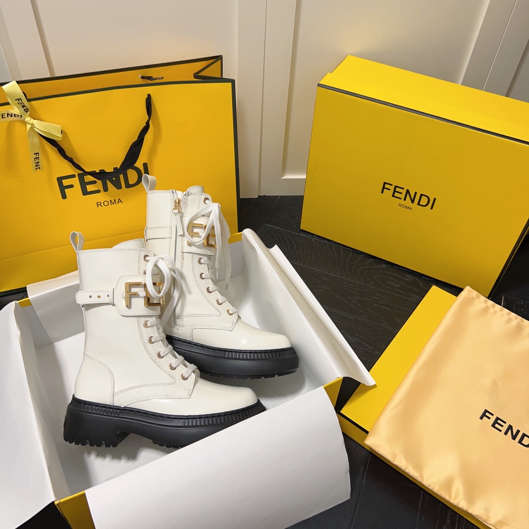 FENDI WOMEN'S BLACK LEATHER ANKLE BOOTS WHITE - Image 7