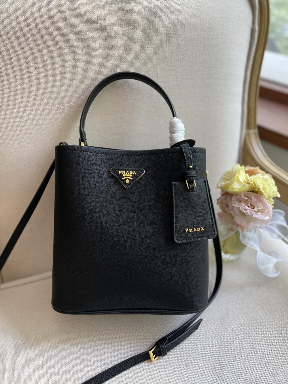 PRADA MEDIUM SAFFIANO LEATHER PANIER BAG BLACK 1BA2122ERXF0LJ4VOOO - Image 6