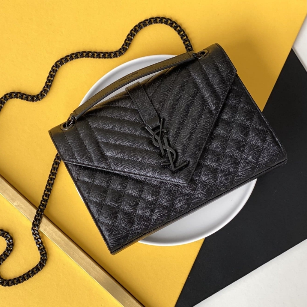 Saint Laurent Envelope Medium In Quilted Grain De Poudre Embossed Leather Black Noir 24cm 600185BOW981000 - Image 2