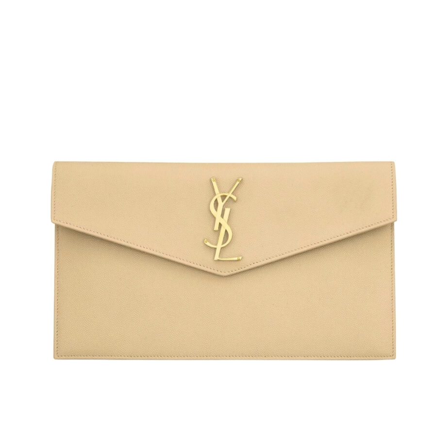 SAINT LAURENT UPTOWN POUCH IN GRAIN DE POUDRE LEATHER DARK BEIGE 27CM 5657391GF0J2721