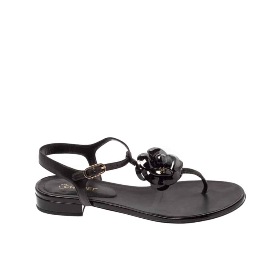 CHANEL JELLY BLACK RUBBER CAMELLIA SANDALS BLACK