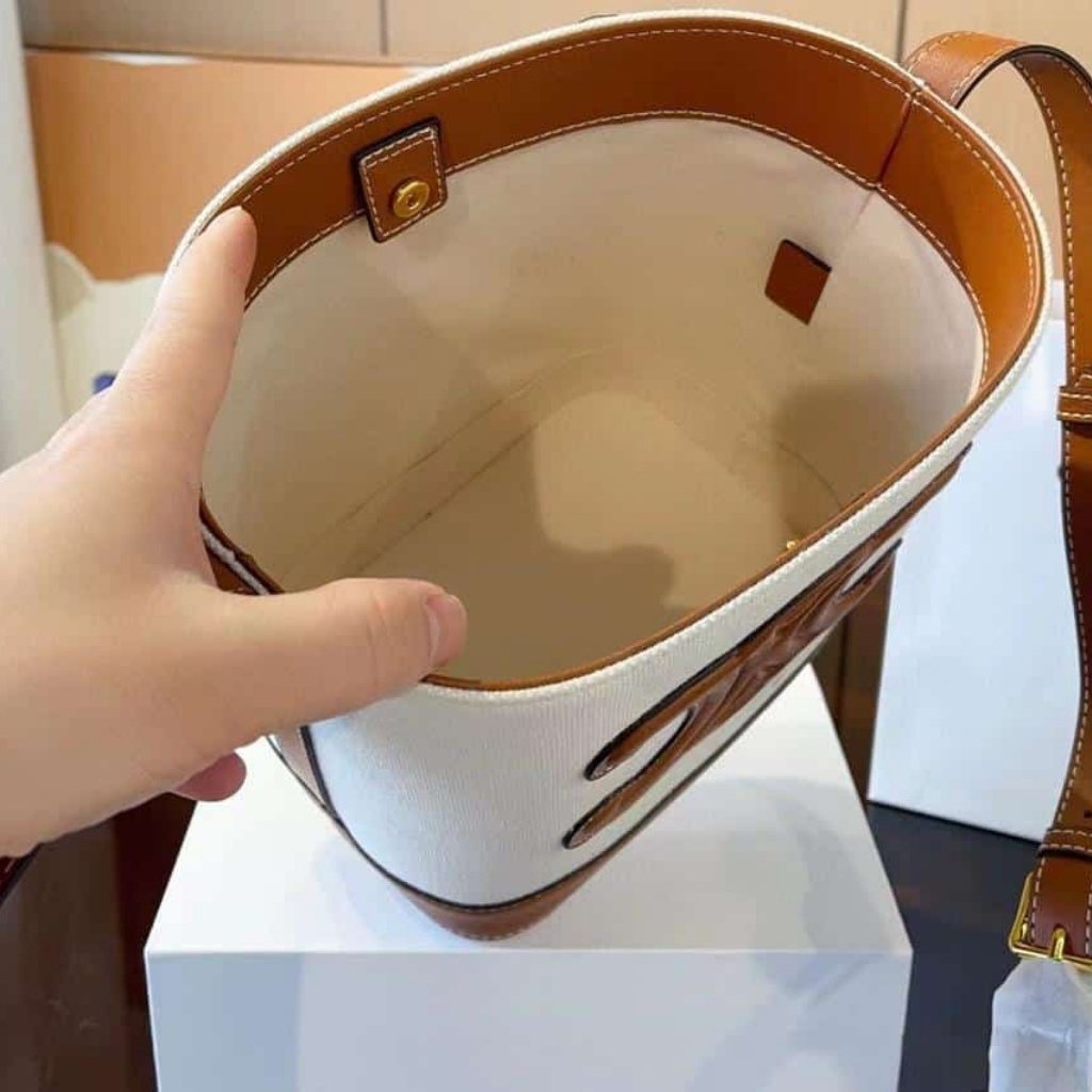Celine Small Bucket Cuir Triomphe In Textile Natural Tan 22cm 198242EFL 02NT - Image 4
