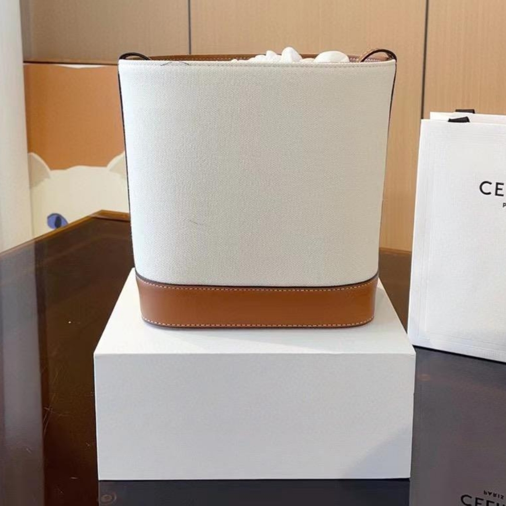 Celine Small Bucket Cuir Triomphe In Textile Natural Tan 22cm 198242EFL 02NT - Image 3