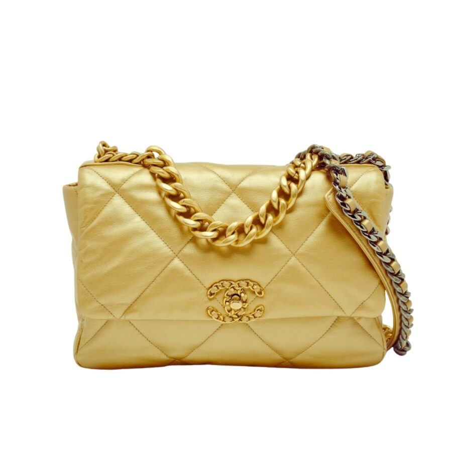 CHANEL 19 FLAP BAG QUILTED LEATHER IN GOLD 25CM