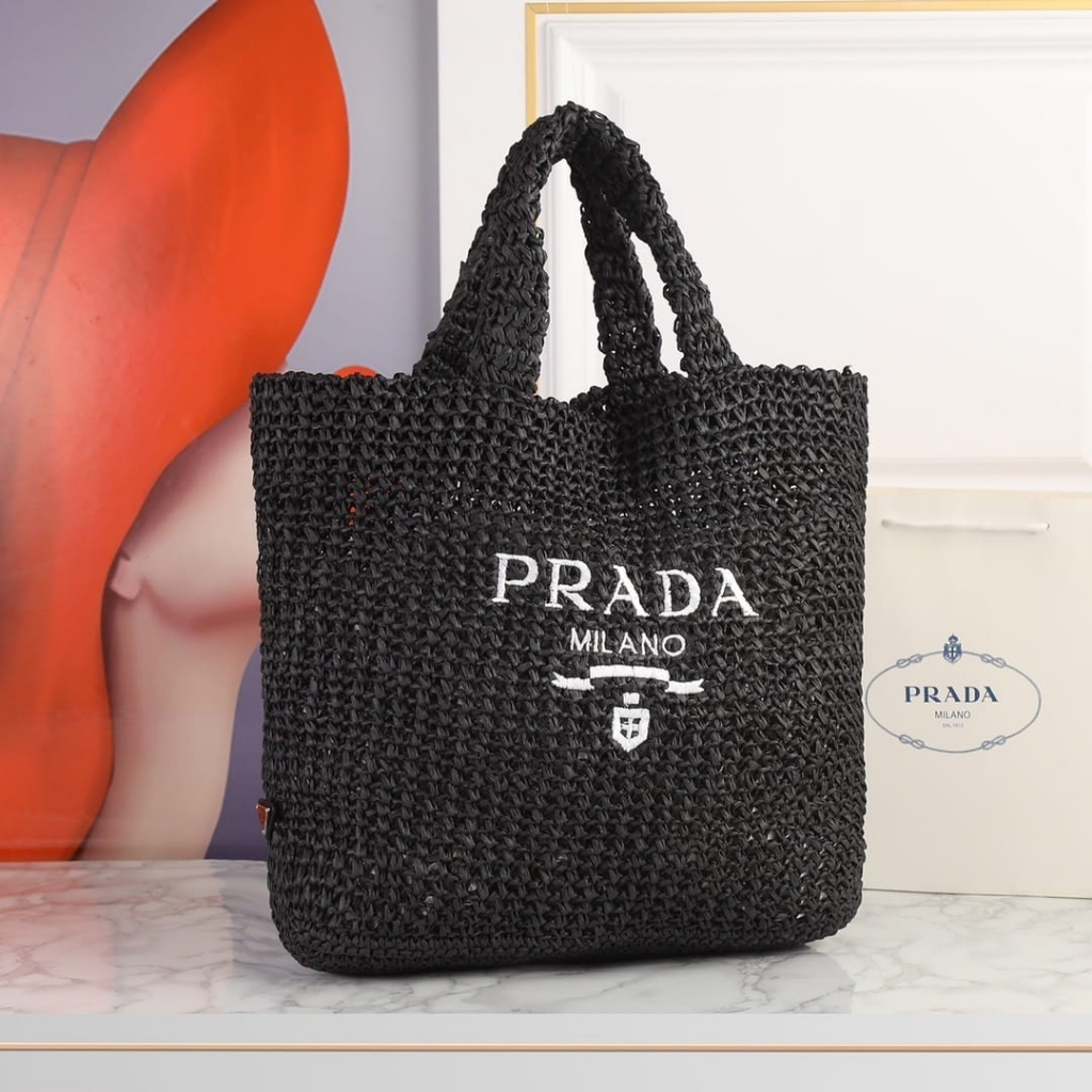 Prada Large Crochet Tote Bag Raffia In Black 40cm 1BG392 2A2T F0002 V OOL - Image 2