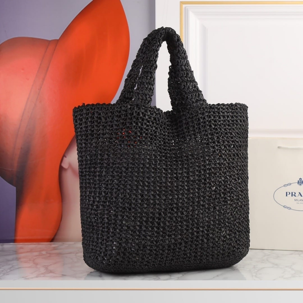 Prada Large Crochet Tote Bag Raffia In Black 40cm 1BG392 2A2T F0002 V OOL - Image 4