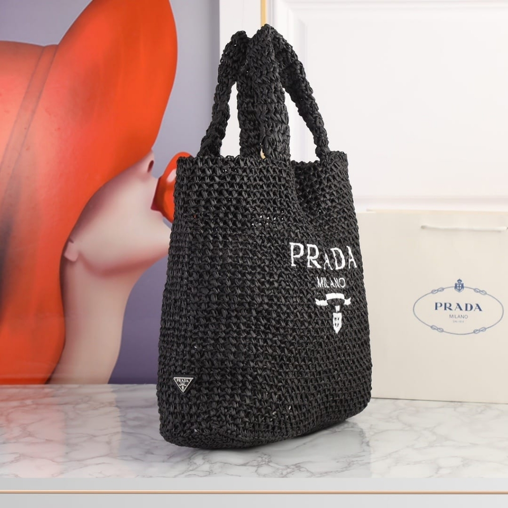 Prada Large Crochet Tote Bag Raffia In Black 40cm 1BG392 2A2T F0002 V OOL - Image 3