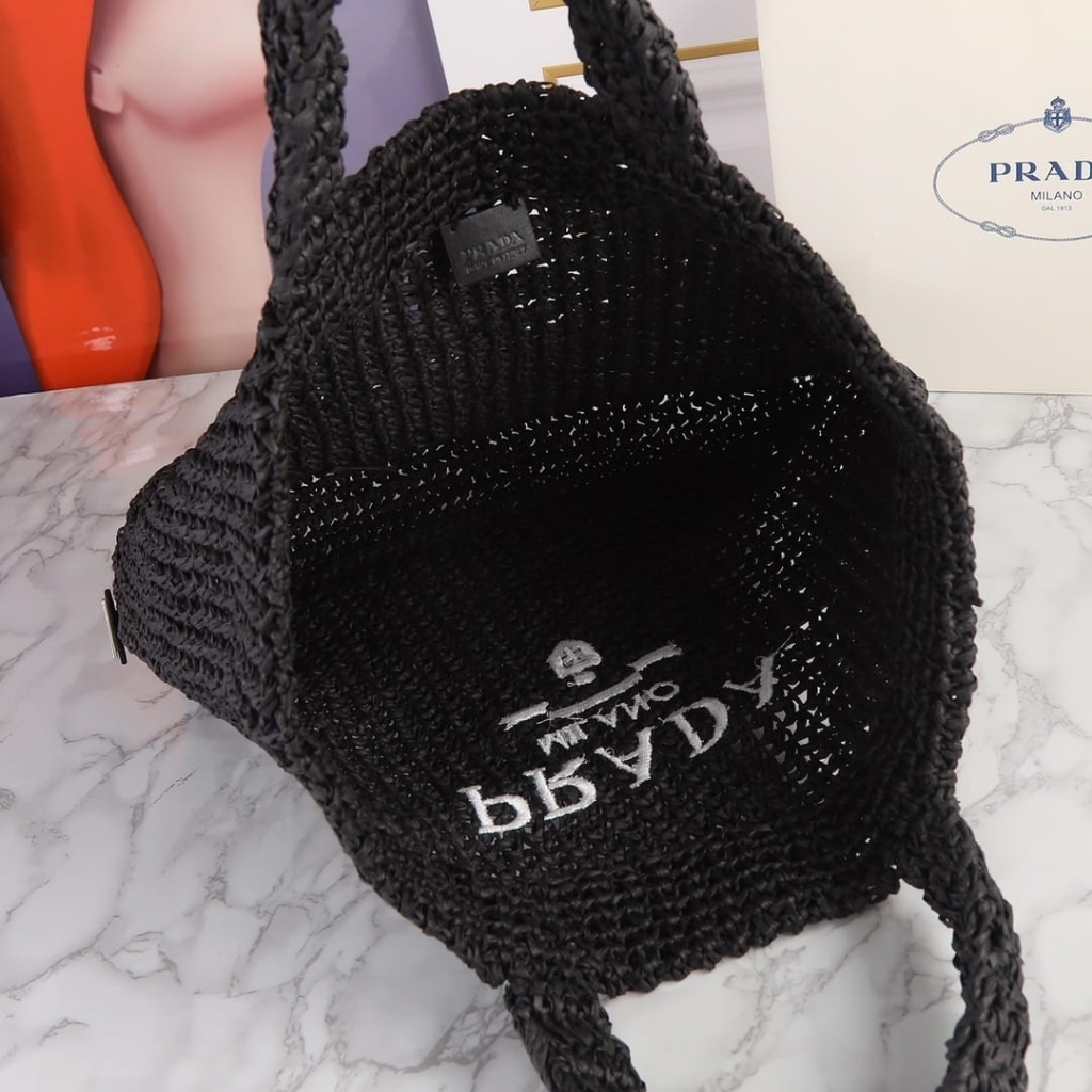 Prada Large Crochet Tote Bag Raffia In Black 40cm 1BG392 2A2T F0002 V OOL - Image 5