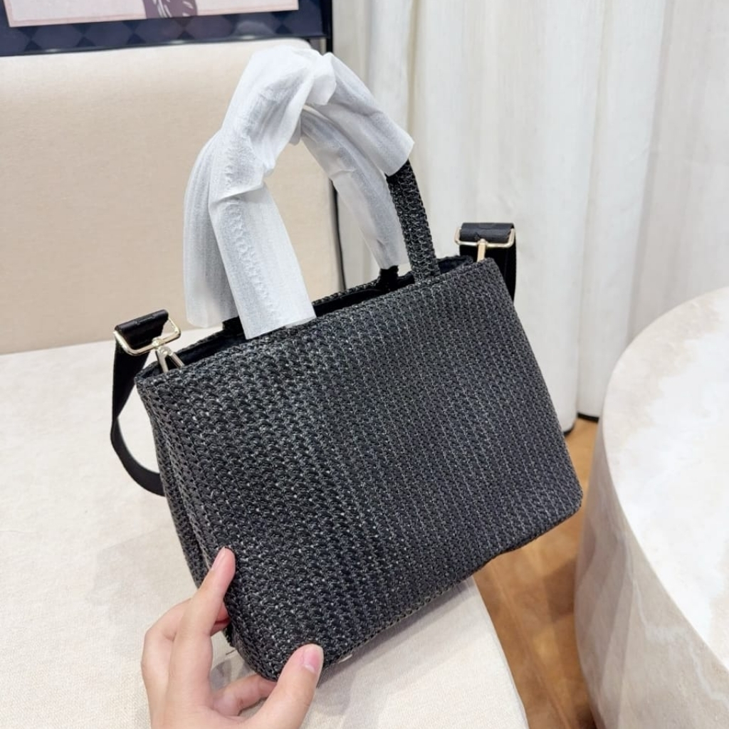 Prada Small Crochet Tote Bag Raffia In Black 26cm 1BG422 2A2T F0002 V OOL - Image 7
