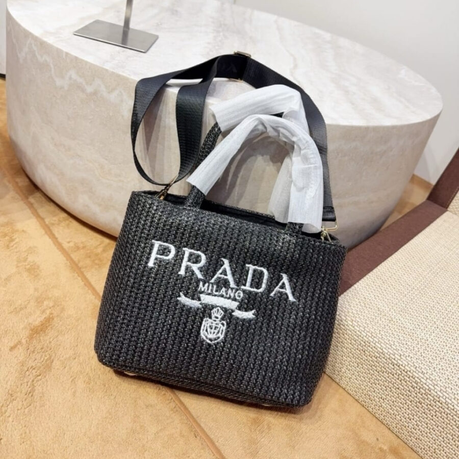 Alternative view of Prada Small Crochet Tote Bag Raffia In Black 26cm 1BG422 2A2T F0002 V OOL