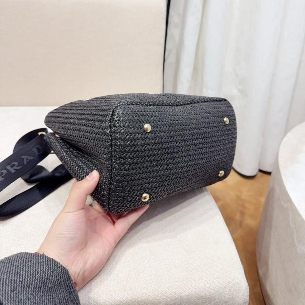 Prada Small Crochet Tote Bag Raffia In Black 26cm 1BG422 2A2T F0002 V OOL - Image 6