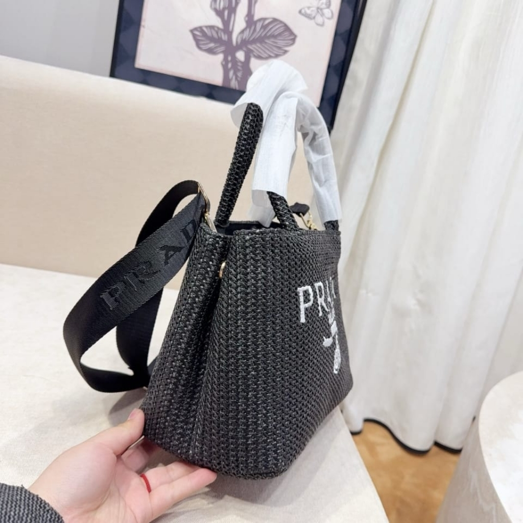 Prada Small Crochet Tote Bag Raffia In Black 26cm 1BG422 2A2T F0002 V OOL - Image 4