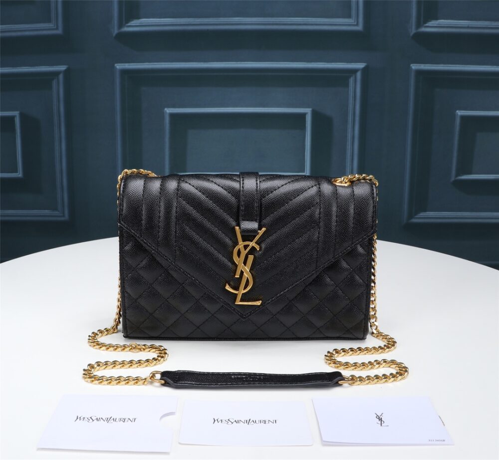 SAINT LAURENT ENVELOPE SMALL BAG IN MIX MATELASSÉ GRAIN DE POUDRE EMBOSSED BLACK GOLD 21CM 600195BOW911000 - Image 2