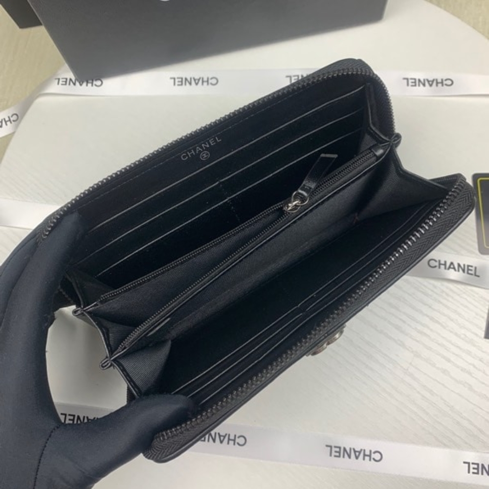 CHANEL BOY LONG ZIPPED WALLET SILVER HARDWARE BLACK 19CM - Image 4