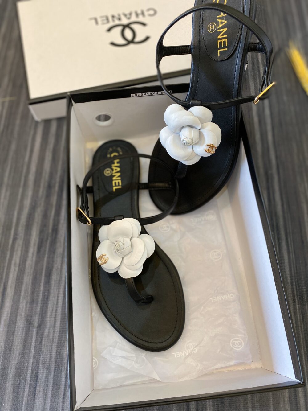 CHANEL JELLY WHITE RUBBER CAMELLIA CC LOGO SANDALS BLACK - Image 3