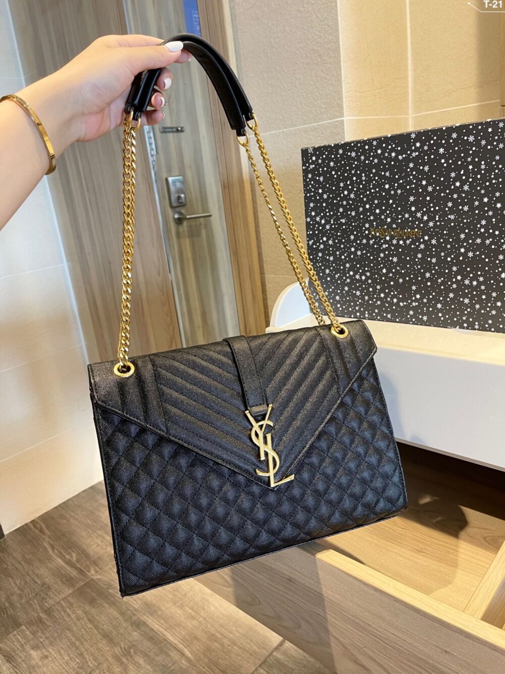 SAINT LAURENT ENVELOPE LARGE BAG IN MIX MATELASSÉ GRAIN DE POUDRE EMBOSSED BLACK GOLD 31CM 600166BOW911000 - Image 2