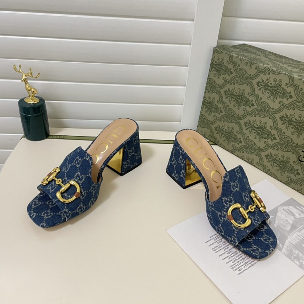 GUCCI WOMEN'S SLIDE MONOGRAM SANDAL WITH HORSEBIT BLUE - Image 2