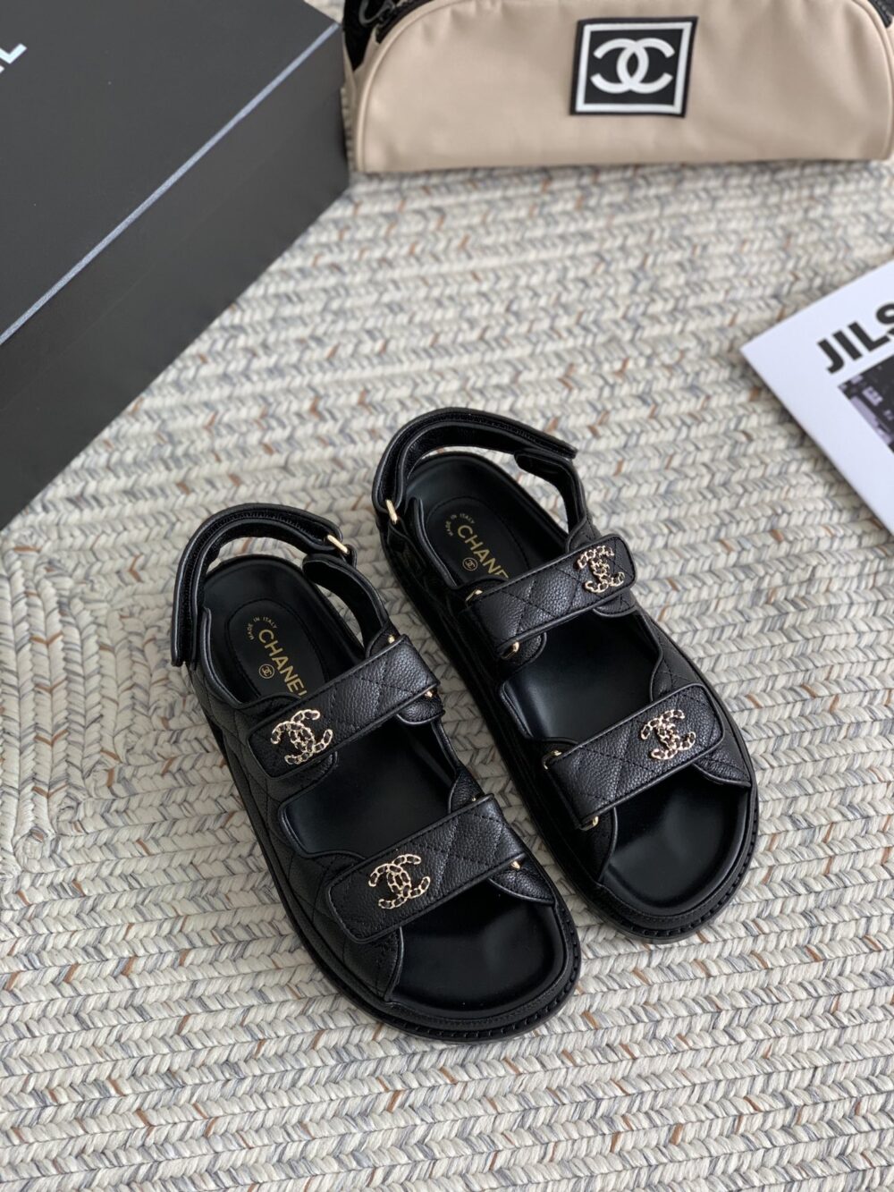 CHANEL CC BUTTON VELCRO BLACK SANDALS GRAINED LEATHER - Image 3