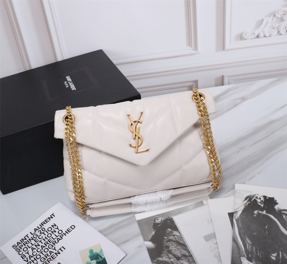 SAINT LAURENT PUFFER SMALL CHAIN BAG IN QUILTED WHITE GOLD 29CM 5774761EL079207 - Image 8