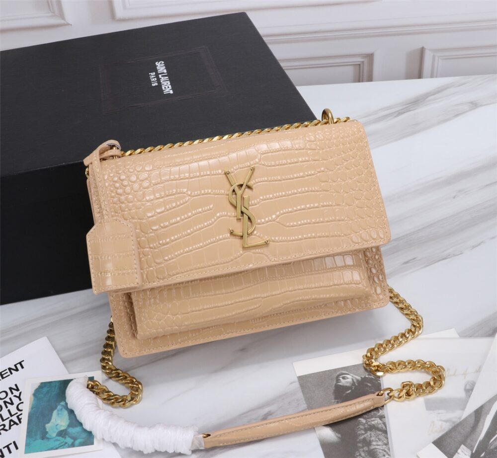 SAINT LAURENT SUNSET MEDIUM CHAIN BAG IN CROCODILE EMBOSSED SHINY APRICOT 22CM 442906DND0N9207 - Image 10