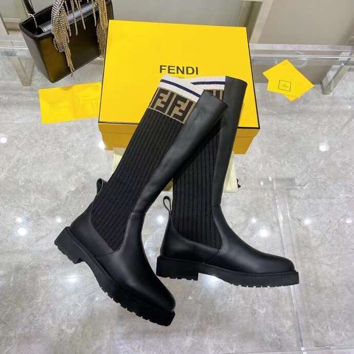 FENDI ROCKOKO LEATHER ANKLE LONG BOOTS WITH BEIGE STRETCH FABRIC BLACK - Image 2