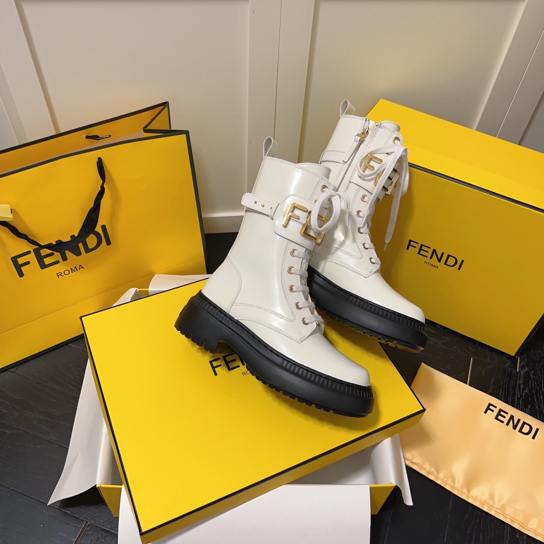 FENDI WOMEN'S BLACK LEATHER ANKLE BOOTS WHITE - Image 8