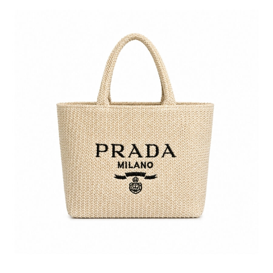 Prada Small Crochet Tote Bag Raffia In Natural Color 24Cm 1BG422 2C2T F0018 V OOL
