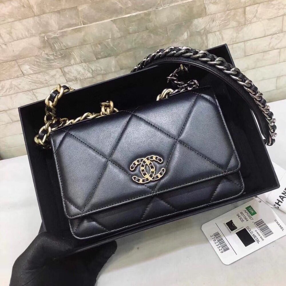 CHANEL 19 WALLET ON CHAIN BAG SHINY GOLD AND SILVER TONE BLACK 19CM AP3267 B04852 94305 - Image 5