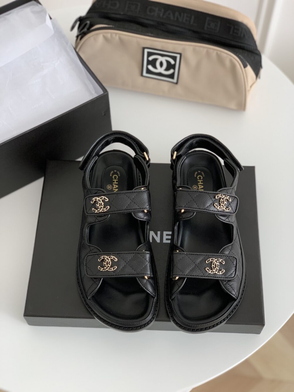 CHANEL CC BUTTON VELCRO BLACK SANDALS GRAINED LEATHER - Image 4