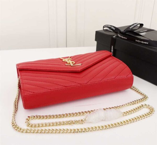 SAINT LAURENT CASSANDRE MATELASSÉ ENVELOPE CHAIN WALLET IN GRAIN DE POUDRE EMBOSSED LEATHER OPYUM RED 695108BOW016008 - Image 6