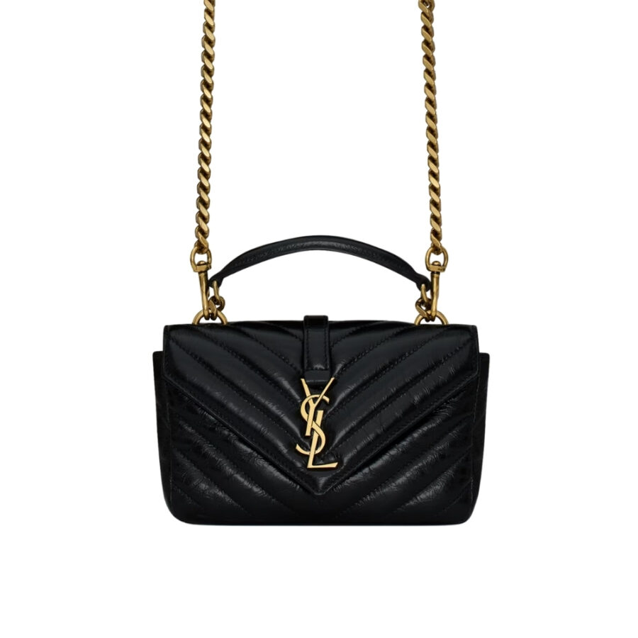 SAINT LAURENT COLLEGE MINI CHAIN BAG IN SHINY CRACKLED LEATHER BLACK 20CM 779430DZH071000