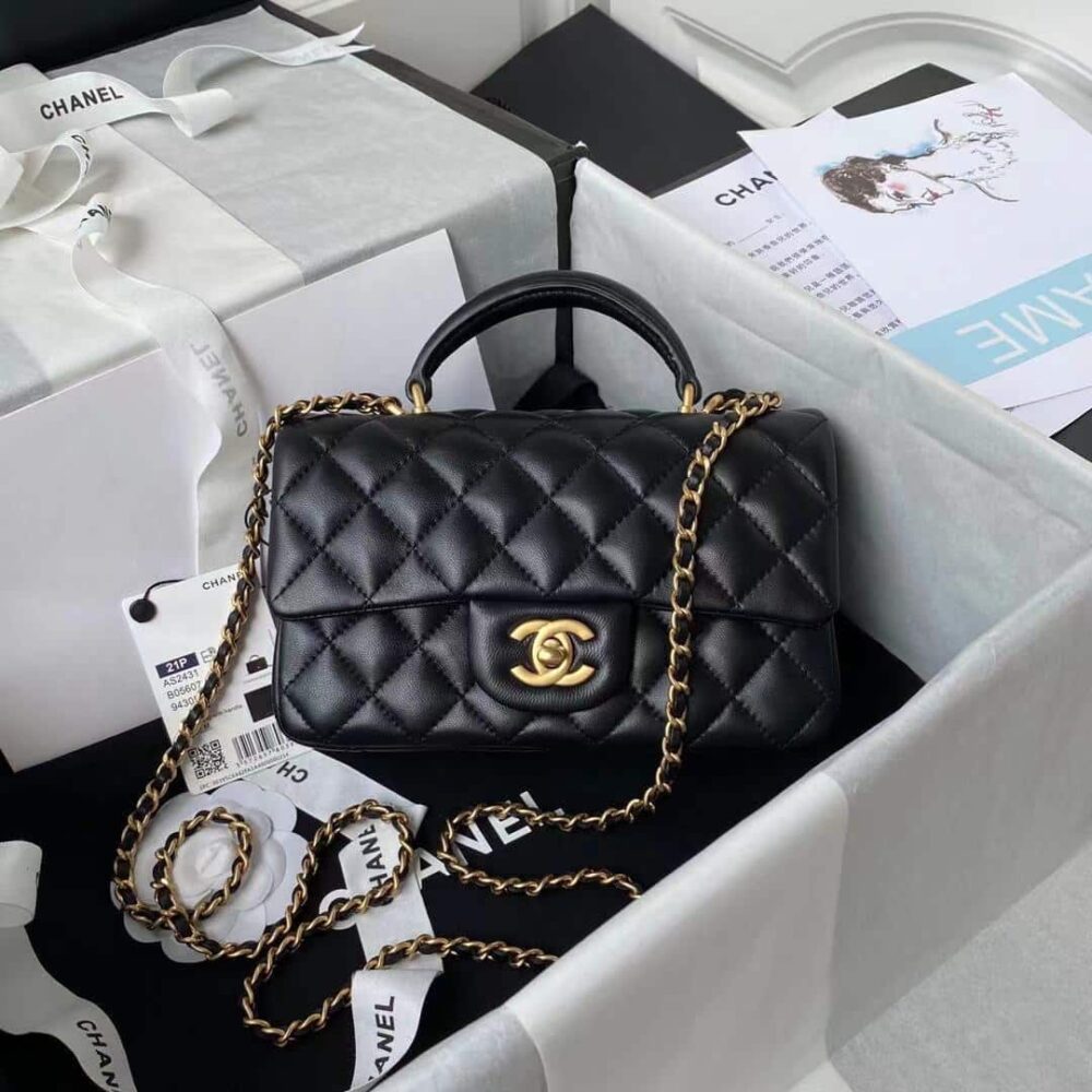 CHANEL MINI FLAP BAG WITH TOP HANDLE GOLD HARDWARE BLACK 20CM AS2431 B05810 94305 - Image 2