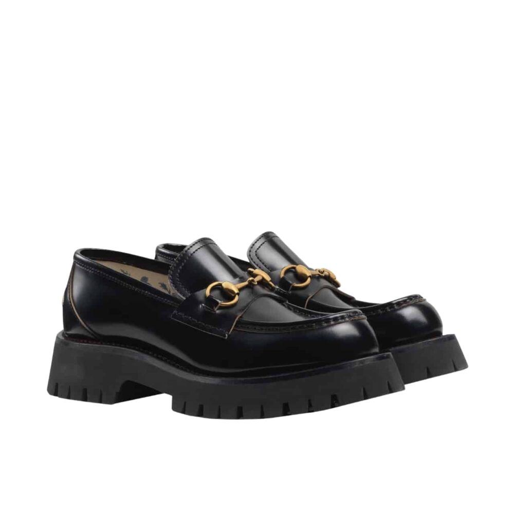 GUCCI WOMEN’S LEATHER LUG SOLE HORSEBIT LOAFERS BLACK 577236 DS800 1000