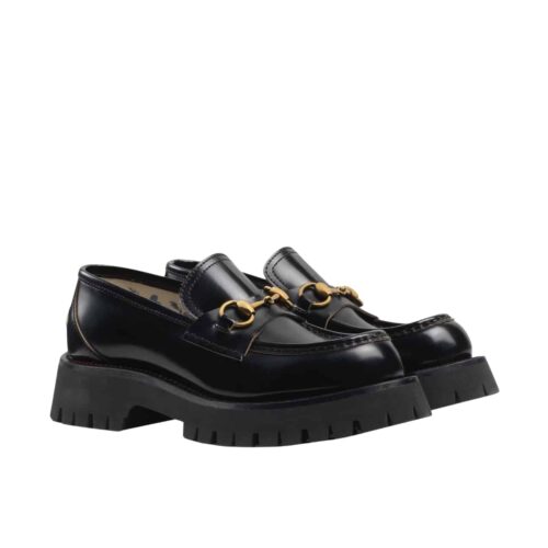 GUCCI WOMEN’S LEATHER LUG SOLE HORSEBIT LOAFERS BLACK 577236 DS800 1000