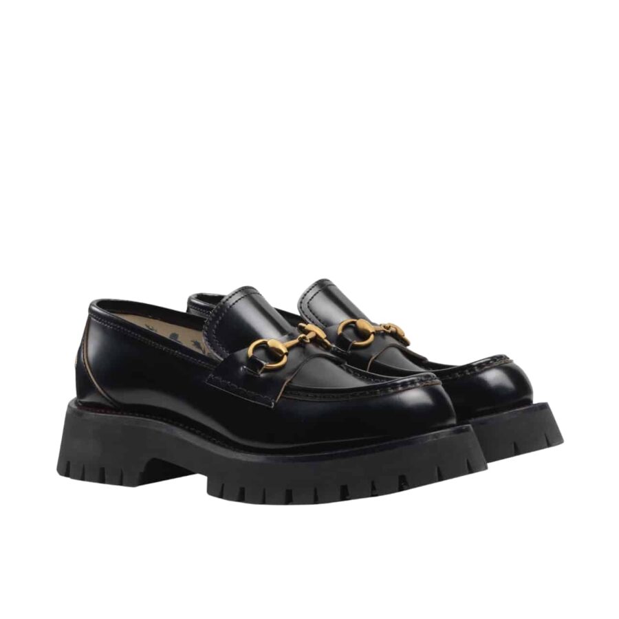 GUCCI WOMEN’S LEATHER LUG SOLE HORSEBIT LOAFERS BLACK 577236 DS800 1000